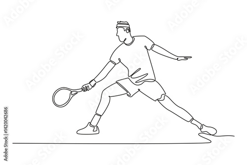 Continuous one line drawing male tennis player hitting the ball with forehand method. Sportsman practicing skills and techniques on outdoor field. Single line draw design vector graphic illustration