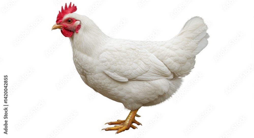 Fototapeta premium Domestic White Hen Profile - A pristine white hen, feathers soft and fluffy, stands in profile. Symbolizing domesticity, rural life, agriculture, food production, and nature's simplicity