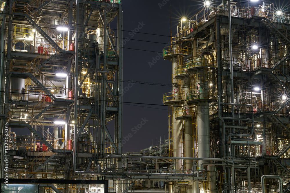 Symmetrical View of Illuminated Industrial Towers and Pipelines at Night Symmetrical View of Illuminated Industrial Towers and Pipelines at Night