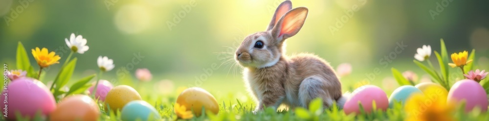Fototapeta premium Happy Easter bunny surrounded by eggs and flowers , happy easter, eggs