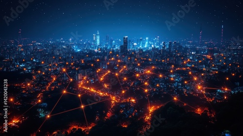 City network at night connecting urban landscape under starry sky