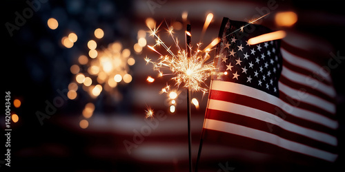 Sparkler burning next to american flag on fourth of july