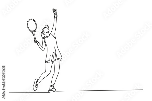 Single continuous line drawing female tennis player serves the ball with precision and power. She practicing skills and technique on national court arena. One line graphic design vector illustration