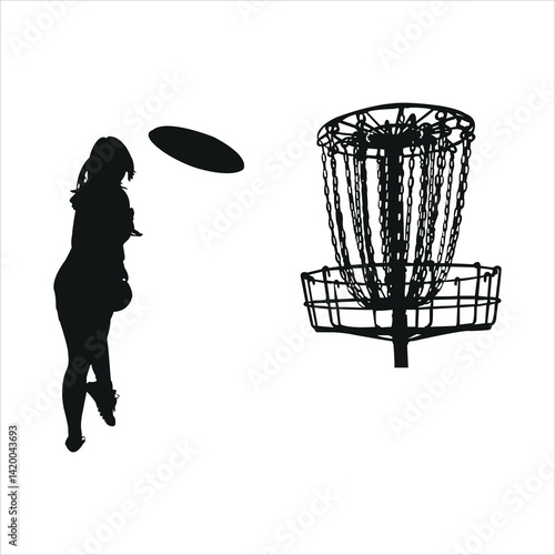 disc golf silhouette. disc golf player throwing disc to the disc golf basket