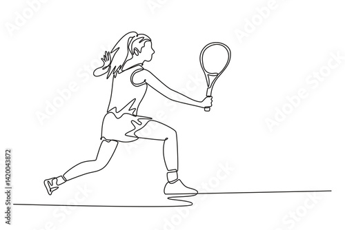 Single continuous line drawing woman tennis player practice backhand on outdoor field. Workout, exercise or match, game and competition. Healthy sport. One line draw graphic design vector illustration