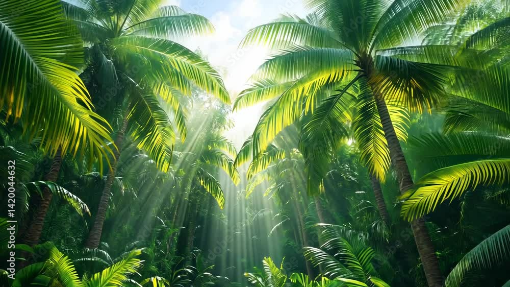 Lush Green Palm Trees Under Bright Sunlight In Dense Forest Canopy Daytime Scene Lush Green Palm Trees Under Bright Sunlight In Dense Forest Canopy Daytime Scene
