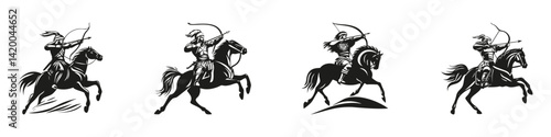 Horseback Archers In Action Silhouette Set. Historical Warfare And Equestrian Skills Isolated Vector Illustration Collection