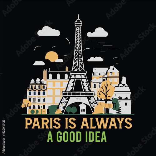 Paris Vector Illustration – Eiffel Tower, Romantic Parisian Street, Café, and Cityscape