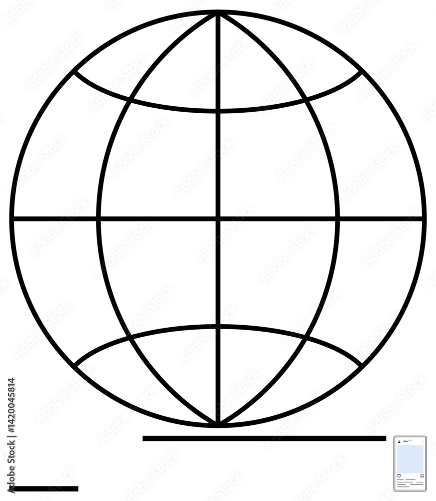 Geometric globe grid design with overlapping horizontal and vertical lines. Bottom includes small smartphone and bars. Ideal for technology, innovation, global connectivity, communication Geometric globe grid design with overlapping horizontal and vertical lines. Bottom includes small smartphone and bars. Ideal for technology, innovation, global connectivity, communication