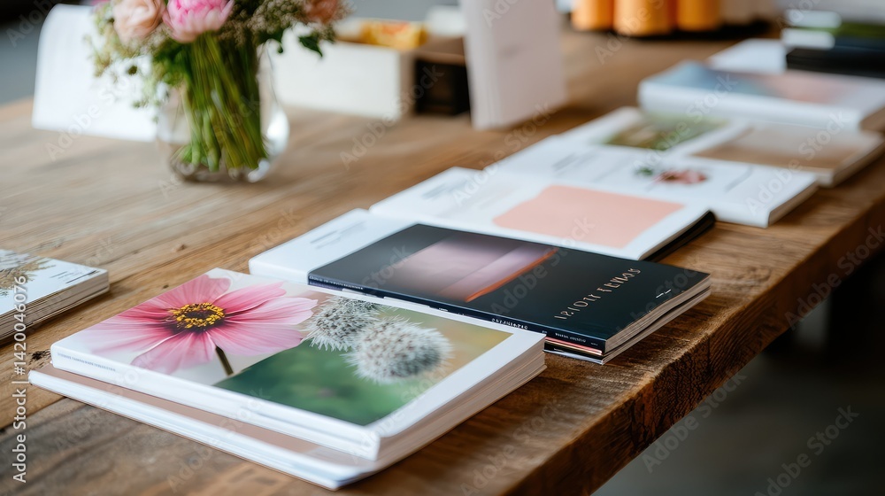 Artistic display of magazines, flyers, and design guides laid out on a modern tabletop for brand ideation Artistic display of magazines, flyers, and design guides laid out on a modern tabletop for brand ideation