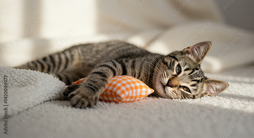 Adorable Tabby Kitten Resting on Soft Blanket with Orange Pillow Cozy Home Scene Adorable Tabby Kitten Resting on Soft Blanket with Orange Pillow Cozy Home Scene