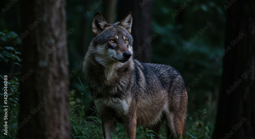 Obraz premium Majestic Wolf at Dusk in the Forest - A lone wolf, eyes glowing, stands alert in a dark forest at twilight. Symbolizing wilderness, solitude, primal instinct, mystery, and wild beauty
