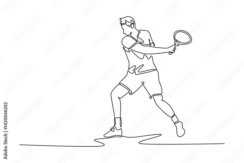 Single one line drawing professional tennis player get ready to receive the ball from opponent. Sportsman playing defense with backhand method. Continuous line draw design graphic vector illustration Single one line drawing professional tennis player get ready to receive the ball from opponent. Sportsman playing defense with backhand method. Continuous line draw design graphic vector illustration