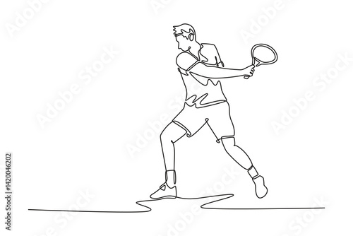 Single one line drawing professional tennis player get ready to receive the ball from opponent. Sportsman playing defense with backhand method. Continuous line draw design graphic vector illustration