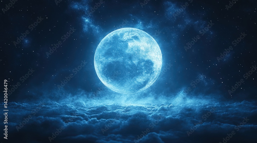 Glowing blue orb hovers above clouds in a dark starry sky. Glowing blue orb hovers above clouds in a dark starry sky.