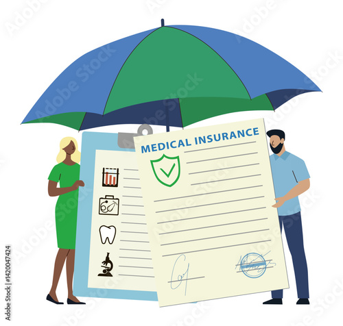 Vector illustration showing two people holding a large medical insurance policy under an umbrella, symbolizing protection and security in healthcare coverage.