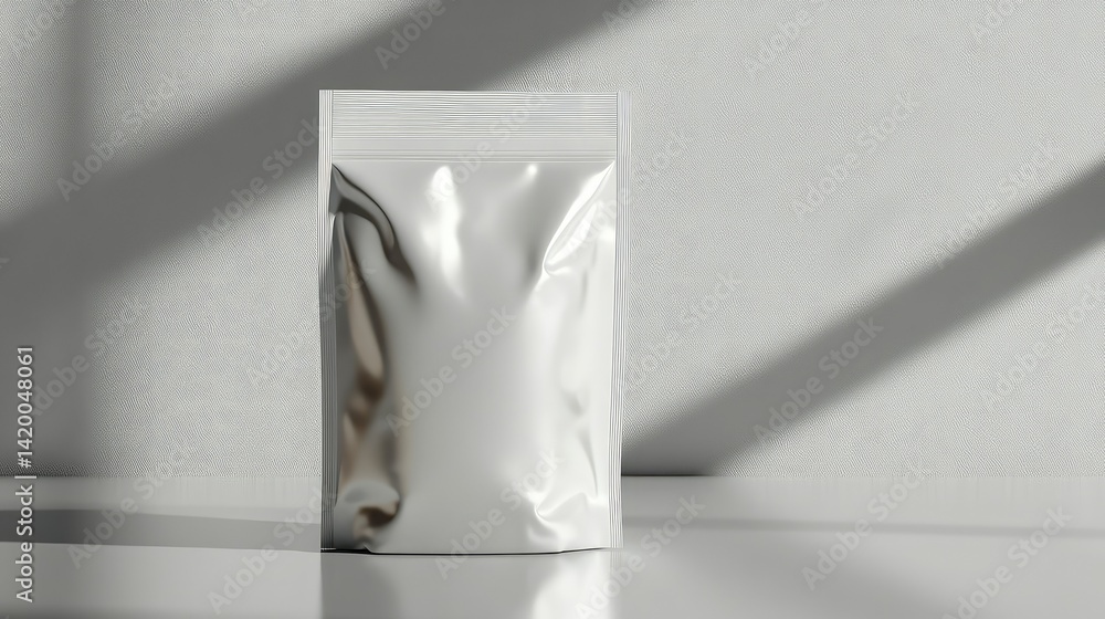 Foil pouch mockup for branding, isolated on plain gray background with shadows
