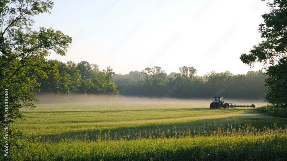 Fototapeta premium Tractor spraying soybean farm in daylight
