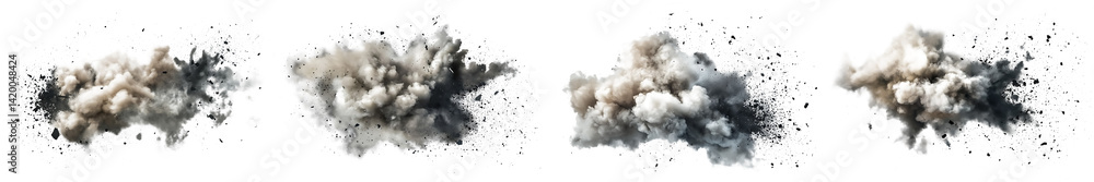 Set of a dramatic cloud of smoke and debris bursting forth, creating an abstract pattern on a white canvas forming a billowing cloud with high detail against a plain on islated transfarent PNG. Set of a dramatic cloud of smoke and debris bursting forth, creating an abstract pattern on a white canvas forming a billowing cloud with high detail against a plain on islated transfarent PNG.