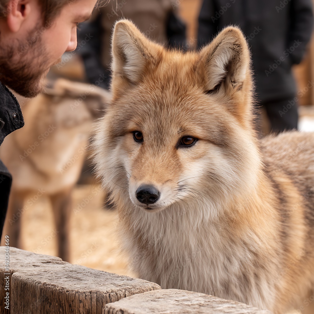 Obraz premium Coyote Stares Intently at Man Over Wooden Fence in Captivating Outdoor Encounter Observation.