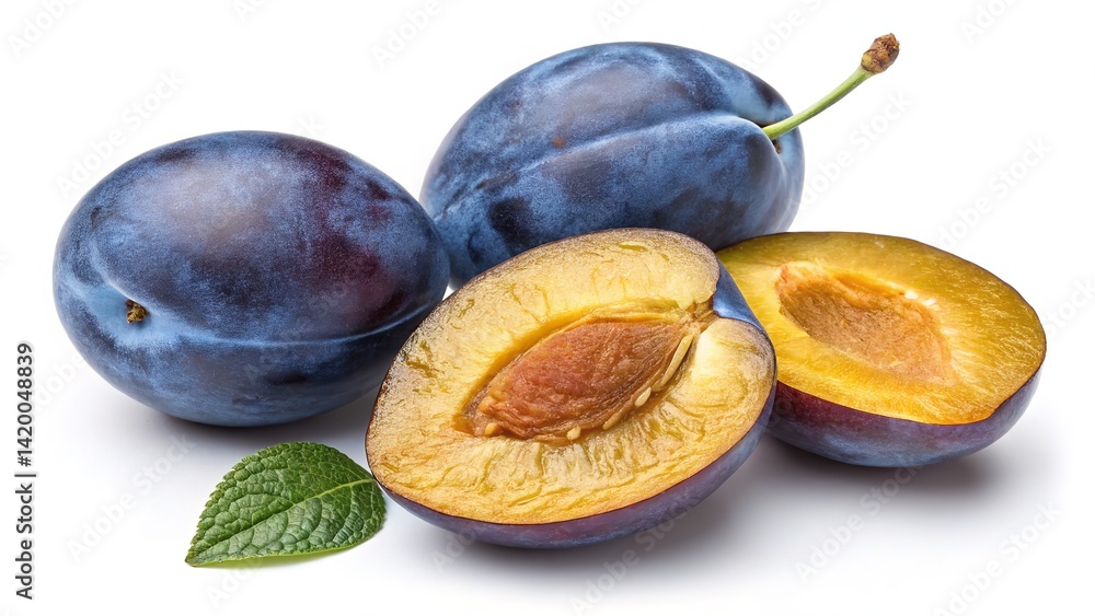 Fototapeta premium Delicious plums, whole and halved, display their vibrant colors and textures on white.