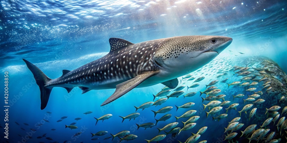Majestic Whale Shark and School of Fish in Ocean Depths, Sunlight Illuminating the Scene Majestic Whale Shark and School of Fish in Ocean Depths, Sunlight Illuminating the Scene