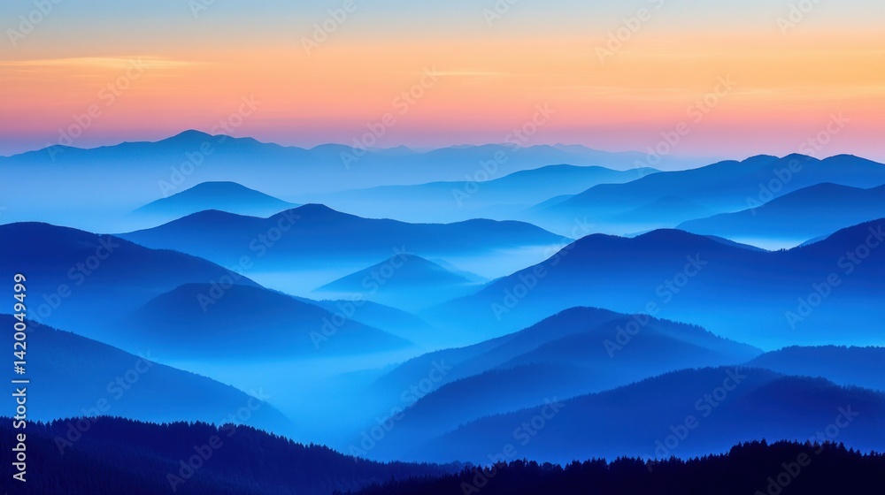 Layers of blue mountains fading into a colorful sunset sky Layers of blue mountains fading into a colorful sunset sky