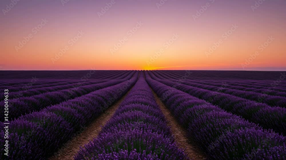 Lavender Field at Sunset: A Serene Landscape of Purple Blooms Under a Soft, Golden Sky Lavender Field at Sunset: A Serene Landscape of Purple Blooms Under a Soft, Golden Sky