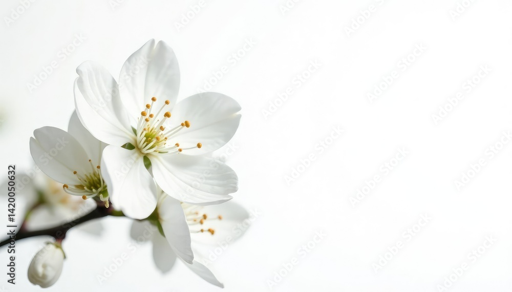 Delicate white blossoms against pure white background , floral design, bloom, spring Delicate white blossoms against pure white background , floral design, bloom, spring