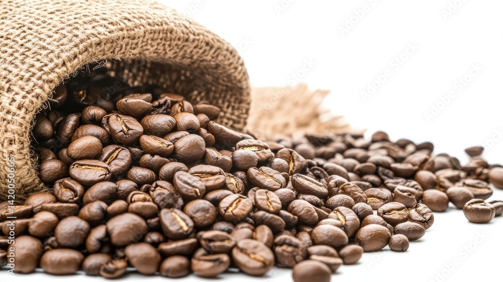 Fototapeta premium Fresh Coffee Beans Spilling Out of a Burlap Sack on White Background