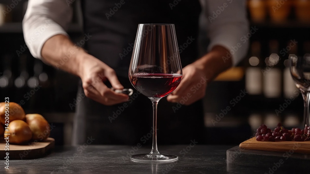 Sommeliers hands expertly swirling a glass of red wine to analyze aroma in a gourmet restaurant setting Sommeliers hands expertly swirling a glass of red wine to analyze aroma in a gourmet restaurant setting