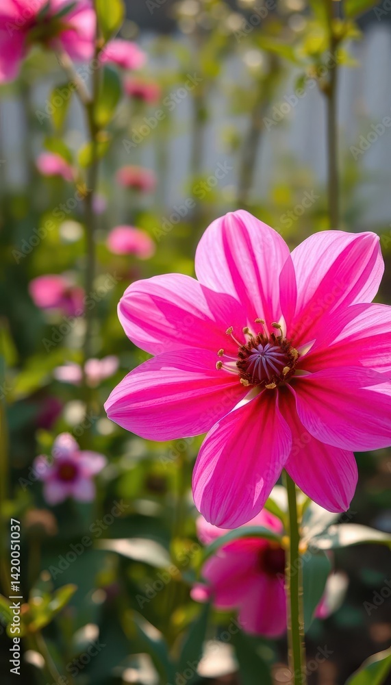 Fototapeta premium Delicate pink flower, serene garden setting, soft light, quiet, serene