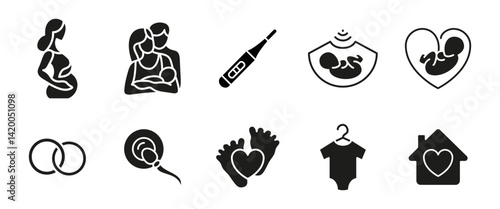Pregnancy and baby icon. Black symbols of parenthood, conception and infant care. Family planning and fertility illustration. Glyph signs for parenting, maternity services and childcare designs.