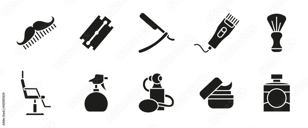 Fototapeta premium Barber grooming icon. Haircut and shaving tool black vector illustration with beard trimmer, razor and mustache comb. Barbershop essentials glyph pictograms for men's salon and personal care.