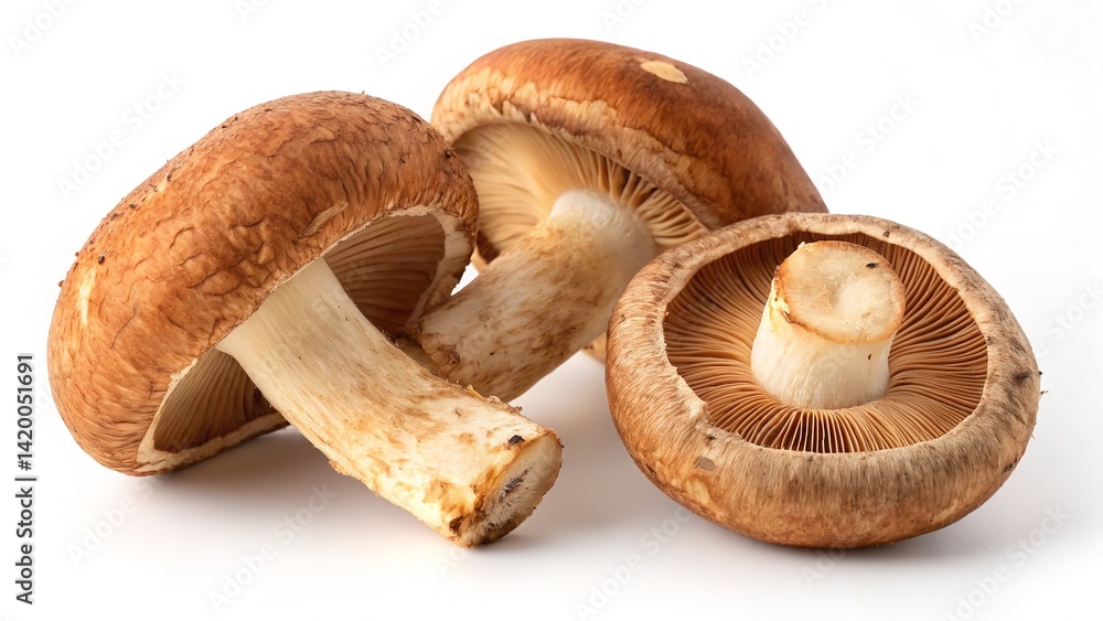 A collection of portobello mushrooms isolated on a bright white surface, ready for cooking. A collection of portobello mushrooms isolated on a bright white surface, ready for cooking.