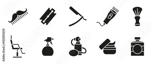 Barber grooming icon. Haircut and shaving tool black vector illustration with beard trimmer, razor and mustache comb. Barbershop essentials glyph pictograms for men's salon and personal care.