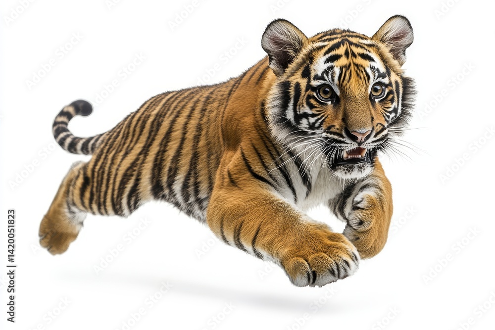 Fototapeta premium In a stunning display of speed, a powerful tiger, a wild black and white beast, leaps through the air in a wildlife nature image