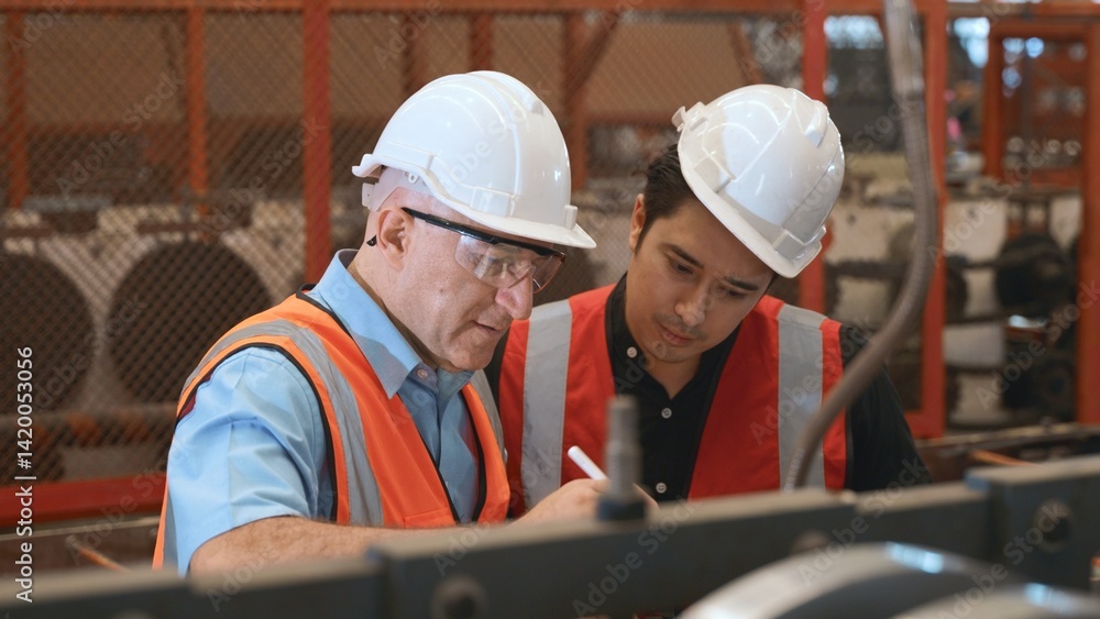 Engineer teaching apprentice to use metal sheet stamping machine, industrial team is working on various projects with tablet computer, worker work together to check the operation system in a factory