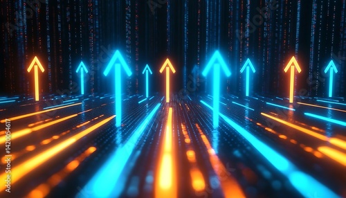 Digital Ascension: Vibrant neon arrows ascend, creating a visual of growth, progress, and technological advancement, perfect for innovation concepts.