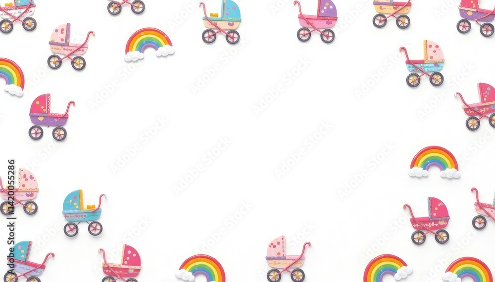 Pastel rainbow stroller pattern on white background, wheels, pastel, carriage Pastel rainbow stroller pattern on white background, wheels, pastel, carriage