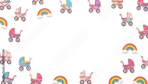 Pastel rainbow stroller pattern on white background, wheels, pastel, carriage