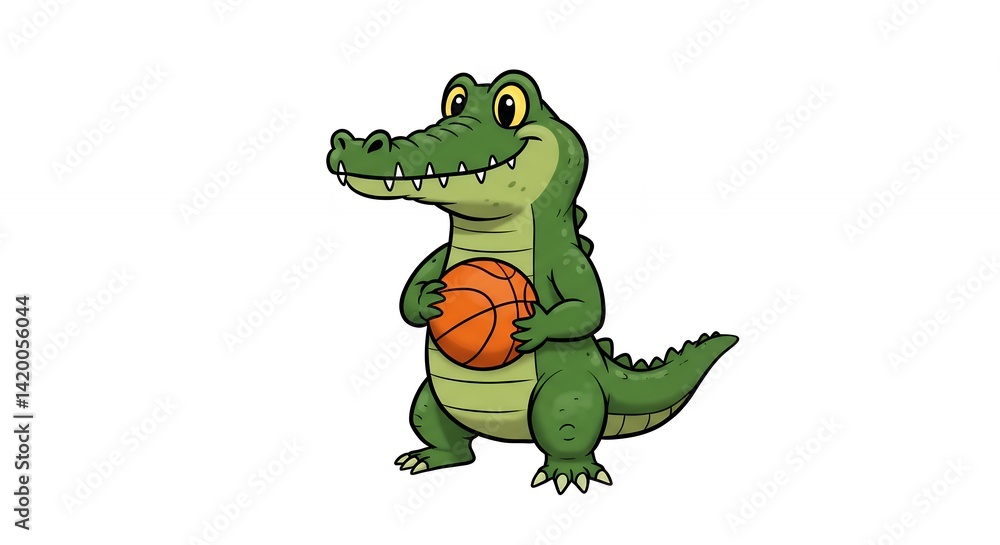 Smiling crocodile cartoon character holding basketball Smiling crocodile cartoon character holding basketball