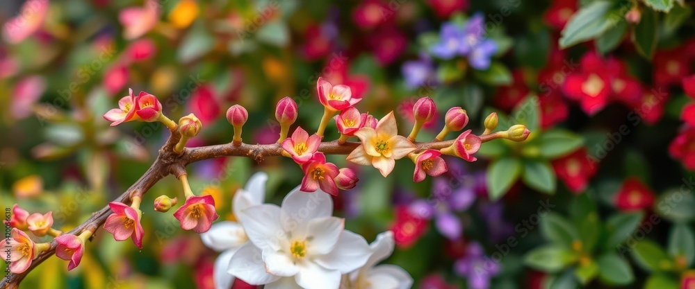 Vibrant succulent branch, colorful flowers, lush foliage blooming, tropical, leaves, plant Vibrant succulent branch, colorful flowers, lush foliage blooming, tropical, leaves, plant