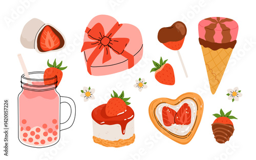 Strawberry set. Summer refreshing drinks, sweets and desserts with taste of strawberries. Chocolate strawberry. Flowers, petals, strawberries. Flat Vector illustration isolated on white background