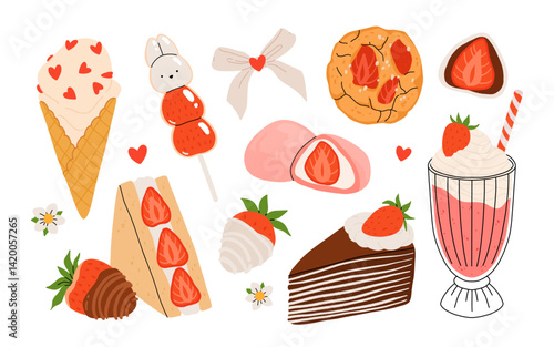 Strawberry set. Summer refreshing drinks, sweets and desserts with taste of strawberries. Chocolate strawberry. Flowers, petals, strawberries. Flat Vector illustration isolated on white background