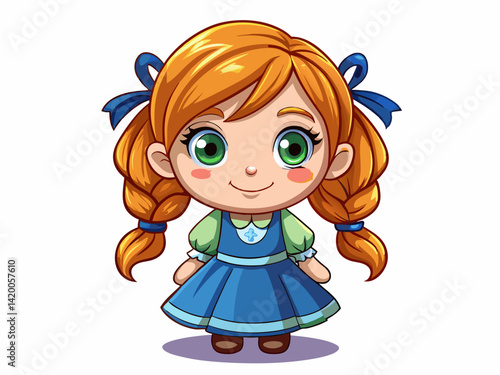 A high-quality vector illustration of a cute girl doll with braided hair, a dress, and big eyes, isolated on a white background