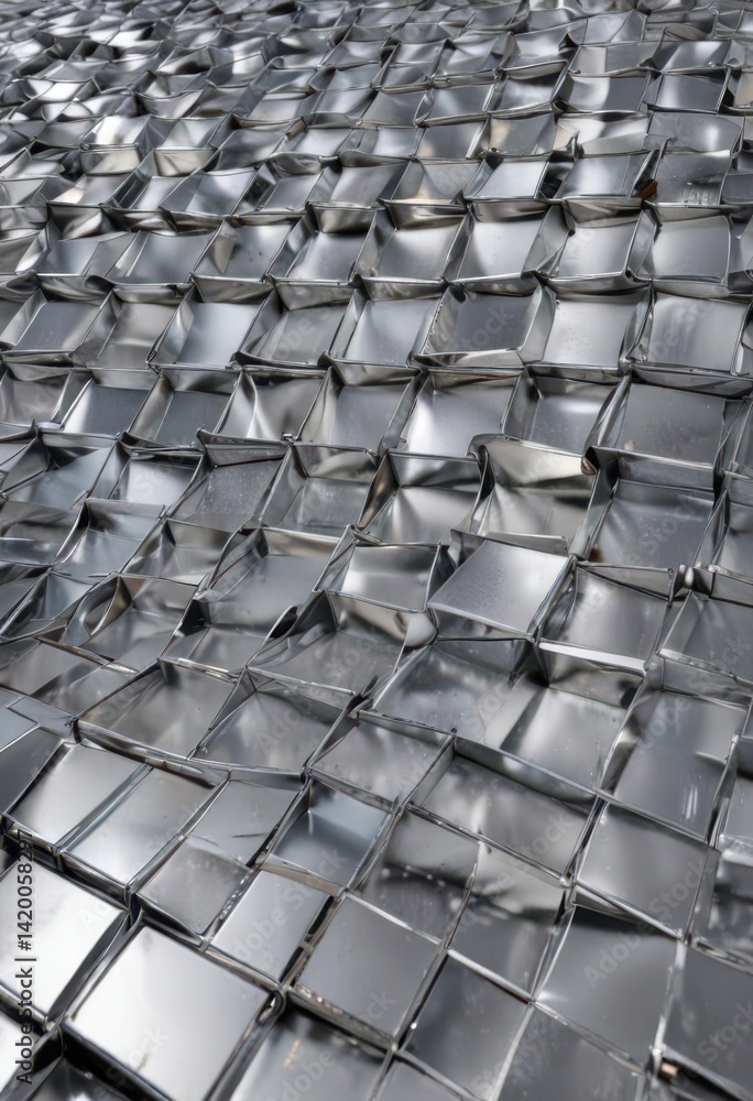 Fototapeta premium Reflective silver geometric grid, polished metallic texture, reflective, grid, metallic