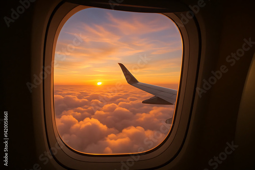 Airplane Window View of Sunset Sky and Clouds
