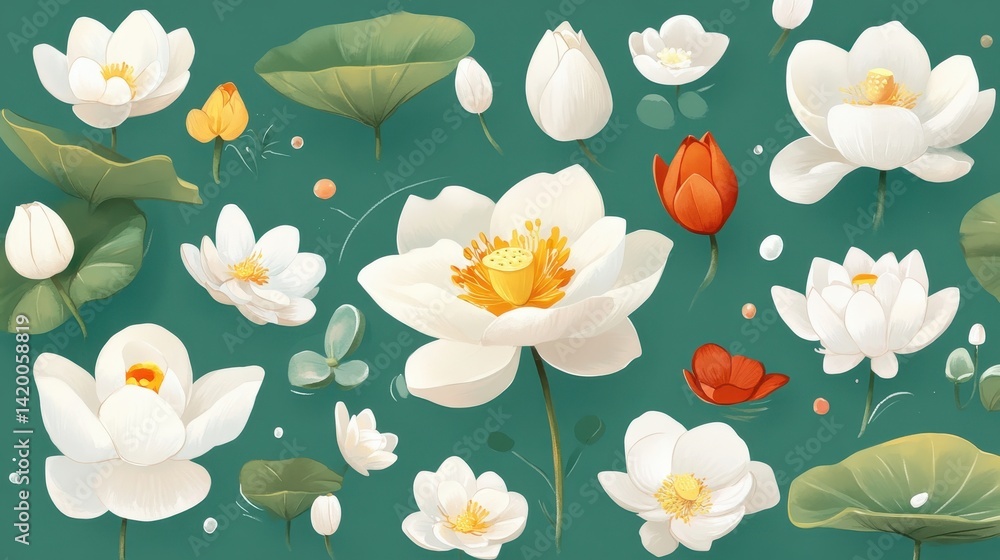Obraz premium Serene canvas of lotus flowers in white orange leaves