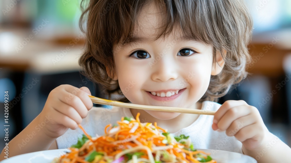 Little Girl Enjoying Healthy Fresh Salad with Fork in Bright Kitchen Little Girl Enjoying Healthy Fresh Salad with Fork in Bright Kitchen